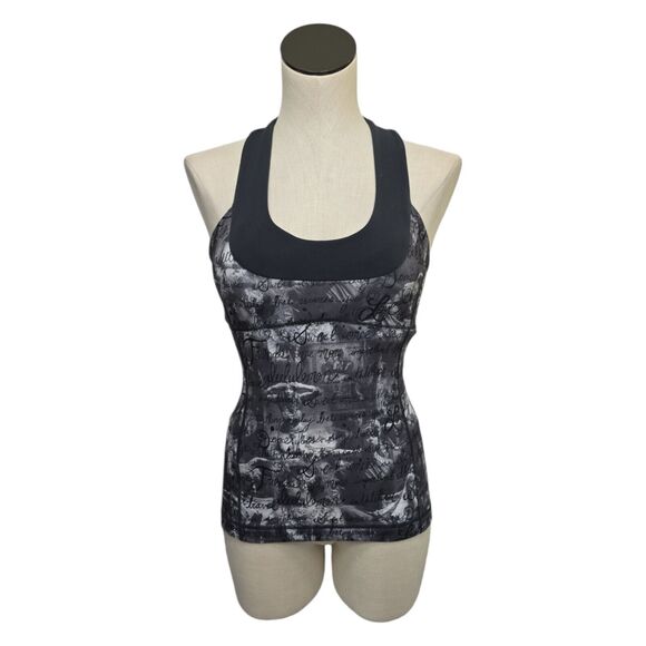 Lululemon Scoop Neck Workout Tank Top White Gray Cursive Script Womens Size 4 - Picture 1 of 12